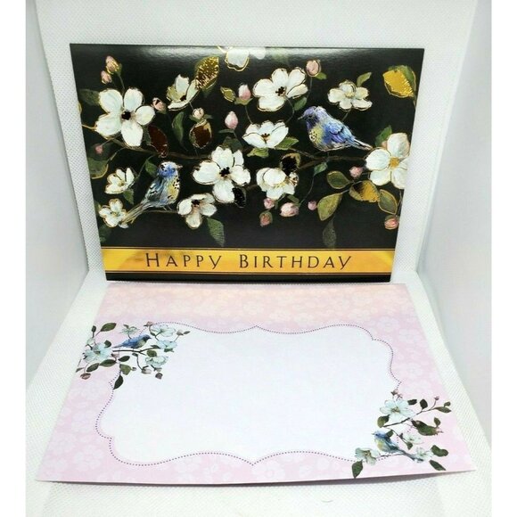New Beginnings Happy Birthday Card – Black with Blue Bird and Floral Design - Picture 1 of 9